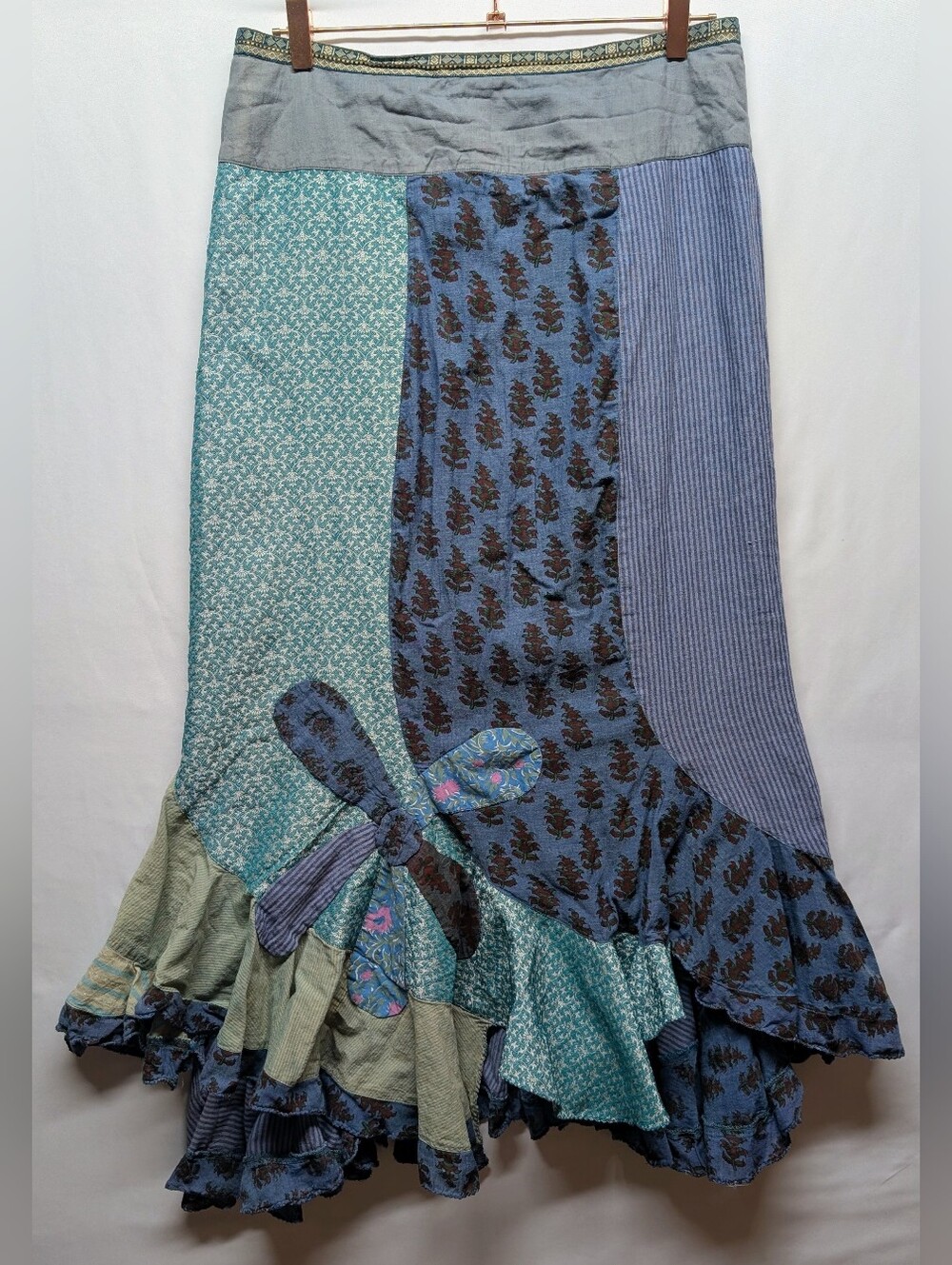 680-Boho Patchwork Ruffle Maxi Skirt - Blue/Teal 💯 Cotton